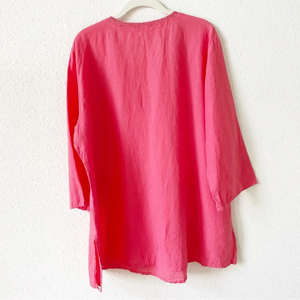Eileen Fisher 100% Irish Linen Split Neck Tunic Grapefruit Sz XL Coastal Sequins